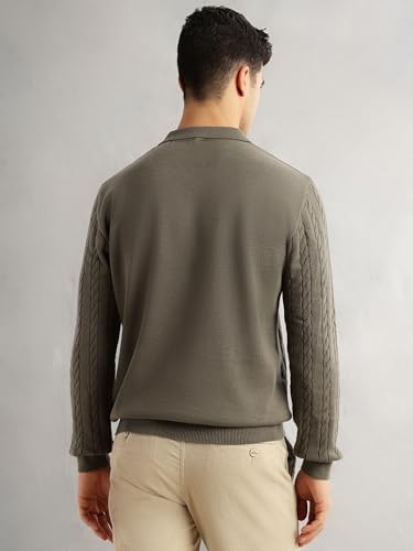Image of Thomas Scott Men's | Regular Fit | Long Sleeves | Self Design | 100% Cotton | Button Closure | Dry Clean | Polo Collar | Knitted | T-Shirt