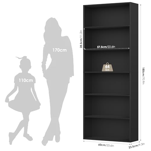 FirFurd Libreria a 6 Ripiani,Scaffale con Scomparti e Ripiani Aperti Nero | Libreria da Parete,Divisorio per Stanza Moderno,Verticale Sottile Salvaspazio,Archiviazione Per Studenti e Casa,60x23,5x180cm - 3