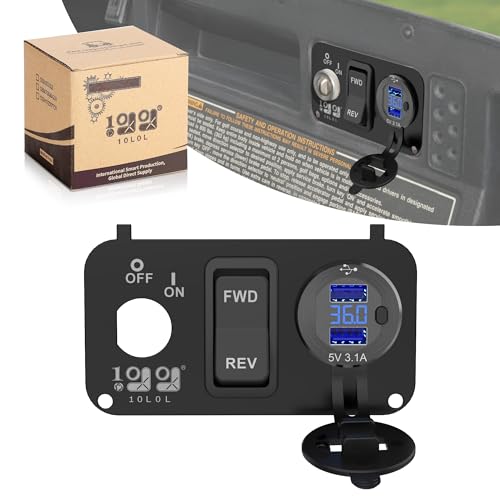 10L0L Golf Cart Key Switch Console Plate for EZGO TXT & Medalist, Includes Forward Reverse Switch, USB Charger Socket, Digital Volt Meter
