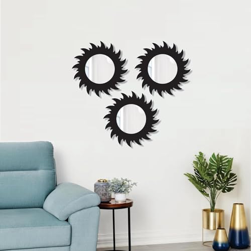 Image of Creative Arts n Frames 11 inch Set of 3 Round Wall Decor Hand Crafted Wooden HD Wall Mirror Panel for Living Room Bedroom Lobby Modern Wall Decor Home Decor Items (Chakra 2 Black)