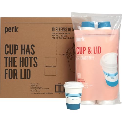 Perk 12 Oz Paper Hot Cups with Lids, White/Blue, 500-Count Bulk
