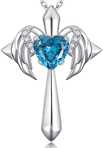 THECEROS Sterling Silver Cross Necklace for Women, Angel Wings 18K Gold Plated Birthstone Necklaces, Personalized Jewelry Gift for Women Wife Girlfriend Her