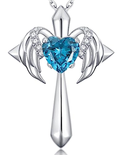 Theceros Sterling Silver Cross Necklace For Women, Angel Wings 18K Gold Plated Birthstone Necklaces, Personalized Jewelry Gift For Women Wife Girlfriend Her #TOP29