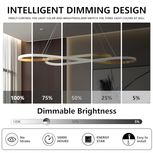 Image of Gold Led Chandelier for Kitchen Island Lighting,Dimmable Modern Chandelier for Dining Room, L39.4 inch Modern Led Pendant Light Fixture Height Adjustable Brushed Gold Dining Room Light Fixture Over Table