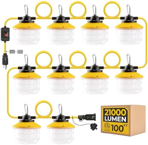 Outdoor Construction LED String Lights with Switch: 3 Prong 100FT...