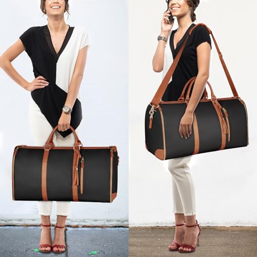 Image of Carry On Garment Bag, Large PU Leather Duffle Bag for Women, D-Black, Large Sized Garment Duffle Bag, Travel