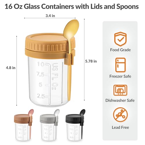 Image of 16 Oz Glass Overnight Oats Containers with Lids and Spoon Chia Pudding Jars | 4 Pack Mason Jars, Leak-proof and Portable, Wide-mouth Design for Storage & Meal Prep Yogurt, Cereals, Fruit, Snack, Sugar