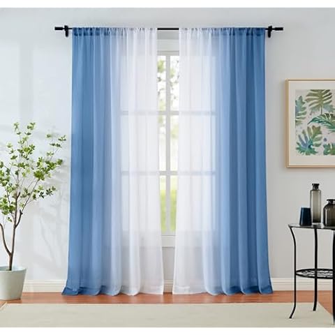 Purainbow Ombre Chiffon Sheer Curtains Blue Crushed Crinkle Semi Voile Curtain Panels for Bedroom Living Room Decoration, Light Filtering Window Treatments Rod Pocket, 2 Panels, 52" Wx95 L Cover