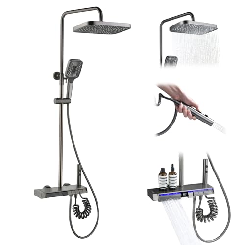 Lefton Shower System with Temperature Display in Fahrenheit and Dual Shower Head, Waterfall Shower Faucet Set with Spray Gun, 5-in-1 Control System, SST2206 (Grey)