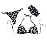 NINGSANJIN Bikini Damen Badeanzüge Bathing Suits Dreiteiliger Badeanzug mit geteiltem Ananas-Print Gepolstert Bandeau Bikini Set (Schwarz,XL)