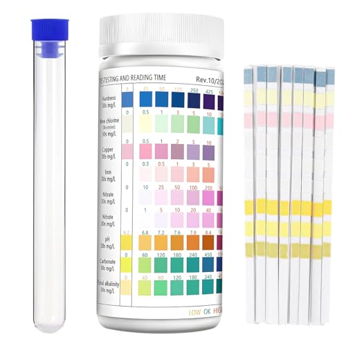 Lot de 200 Bandelettes de Test Eau 9 en 1 – Test Rapide Aquarium, Bassin, Piscine, Eau Potable & Robinet – Bandelettes Aquarium Accessoires pour pH, Dureté, Chlore, Nitrate, Fer, Cuivre, Carbonate etc