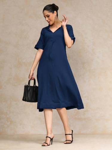 Image of Varanga Women Beige A -line Calf Length Dress Featuring Classic Shirt Collar and Short Sleeves which offering Comfort and Ease