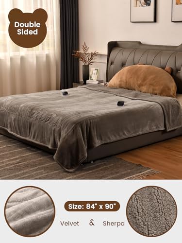 Image of Bearhug Electric Blanket Queen Size with Dual Controls, 10 Heat Levels & 1-12H Auto Shut-Off, Fast Heating Soft Velvet to Sherpa Heated Blanket for Couples, Machine Washable, Taupe