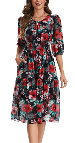 Image of Kormei Women Casual Boho Floral Round Neck 3 /4 Sleeve Smocked Waist Tiered A Line Flowy Swing Midi Dress Long Dresses