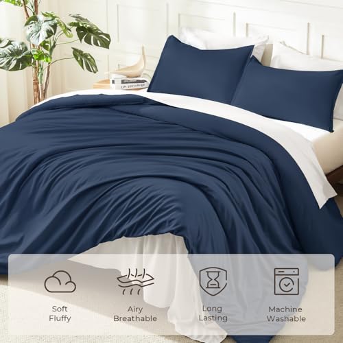 Image of Litanika Navy Blue Oversized King Comforter Set Super King Plus Size, 3 Pieces Lightweight Solid Bedding Comforter Set, All Season Fluffy Bed Set (128x120In Comforter & 2 Pillowcases)