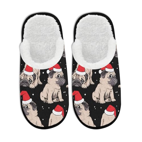 Fuzzy Slippers for Women Men Indoor and Outdoor Christmas Pug Dog Washable Bedroom Travel Fluffy Slipper Fleece-Lined Fall Winter Warm Cozy Soft Plush Comfy House Shoes Memory Foam