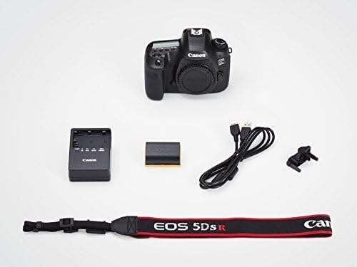 Contents of the Canon EOS 5DS R camera box, including body, battery, charger, strap, and cables.