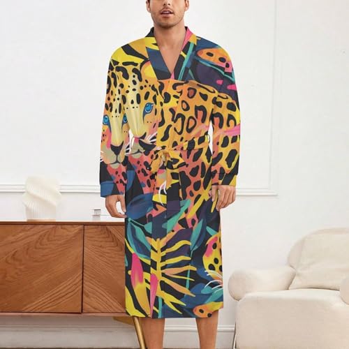 Cute Tropical Leopards Soft Robe Long Sleeve Bathrobes V Neck Sleepwear Spa Robes with Belt Men Woman2