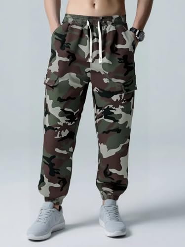 Image of TAGAS Men's Camouflage Cargo Jogger Pants | Cotton Blend Army Print Track Pants | Elastic Waist Slim Fit Casual Trousers with Pockets