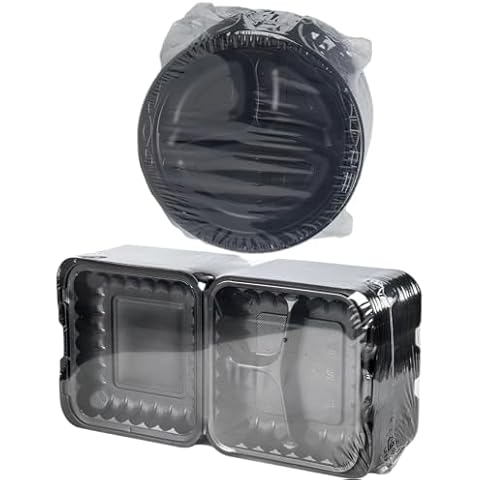 YANGRUI Black Food Containers for Meal Prep,Takeout,Lunch Storage 55 pack 8 * 8'' + 9'' 3-Compartment Black Plastic Plates for Party,Food Prep 150 Pack Cover