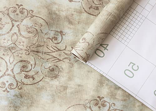 Haokhome 94005-3 Vintage French Damask Peel And Stick Wallpaper 17.7In X 9.8Ft Deep Yellow/Mist Blue/Brown Vinyl Self Adhesive Wall Paper Design For Walls Bathroom Bedroom Home Decor #TOP4