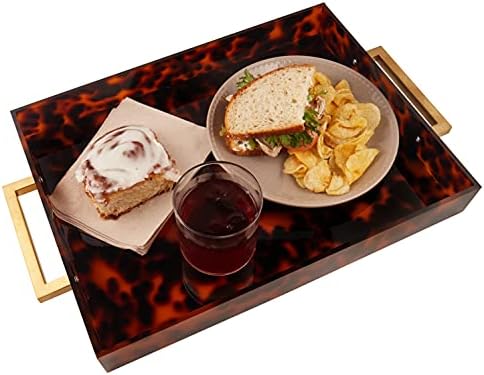 Acrylic Serving Tray with Gold Handles, 16" x 12" Decorative Trays for Coffee Table, Spill Proof Food Drink Server, Ottoman Tray for Countertop, Kitchen, Vanity, Serving Party Platter (Tortoise Shell)