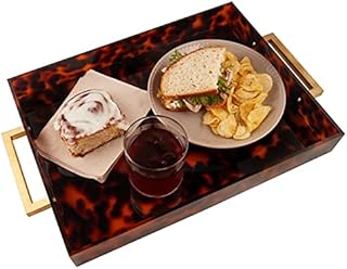 Acrylic Serving Tray with Gold Handles, 16" x 12" Decorative Trays for Coffee Table, Spill Proof Food Drink Server, Ottoman Tray for Countertop, Kitchen, Vanity, Serving Party Platter (Tortoise Shell)