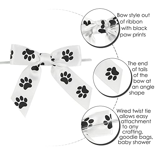 Aimudi Paw Ribbon Bows 3.5" Satin Twist Tie Bows For Treat Bags Premade White Bows With Black Paw Print For Gift Wrapping Pre-Tied Mini Bows For Crafts, Puppy Birthday Party Decorations - 50 Counts #TOP7