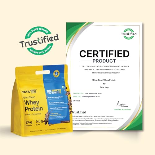 Image of Tata 1mg Ultra Clean Whey Protein Isolate + Concentrate - Hazelnut Chocolate 1kg | 25g protein, 5.6g BCAA & 30B CFU Probiotics-28 Sachets