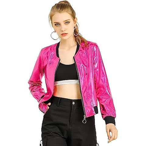 Allegra K Women's Holographic Bomber Jacket Cover