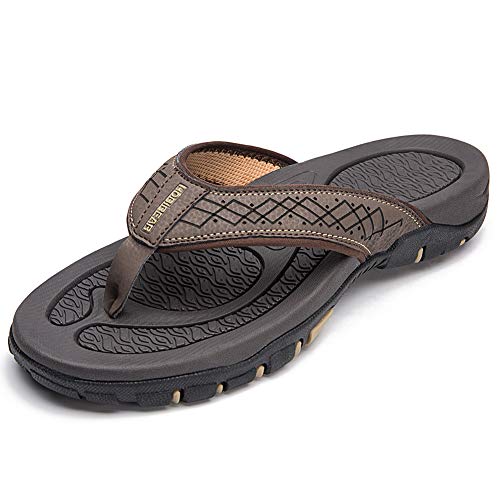 HOBIBEAR Mens Flip Flops Sport Thong Sandals Comfort for Outdoor Beach Shoes(Brown-b Size 7)