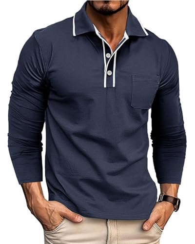 Mens Polo Shirts Long Sleeve Casual Stylish Collared Button Solid Color Golf T Shirts with Pocket