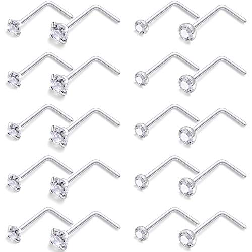 Ocptiy Nose Rings for Women 22G Nose Stud Ring L Shaped Surgical Satinles Steel Diamond Crystal CZ Crystal Silver Straight Nostril Nose Pin Bone Studs Piercing Jewelry for Women Men 2.5mm 2mm 20-Pack