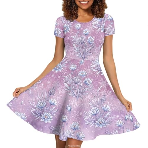 Image of POLERO Women Puffy Swing Elegant Party Midi Dresses Short Sleeve Round Neck A-Line Dress