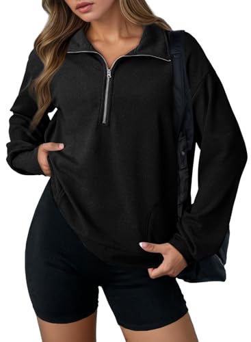 Dokotoo Womens Sweatshirt Waffle Knit Long Sleeve Zip Up Casual Sweatshirts Lightweight Soft Pullover Sweater Tops Comfy Fall Fashion Thanksgiving Outfit Clothes Trendy 2025 Plus Size Black Large