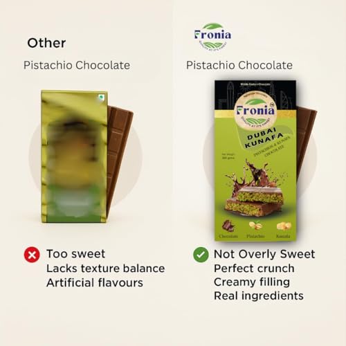 Image of FRONIA Dubai Kunafa Pistachio Chocolate Bar 100 x 4 Gm (Pack of 4) | Middle Eastern Style Chocolate with Kunafa & Pistachio Filling | Rich Dessert Chocolate for Gifting Snacking & Special Occasions