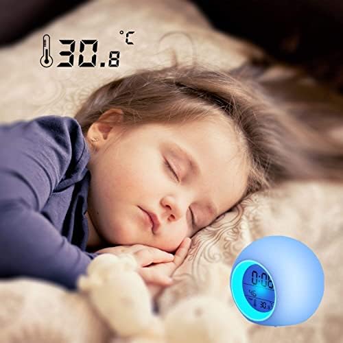 Kids LED Alarm Clock, Wake Up Digital Clocks for Children Bedside Clock 7 Colors Changing Light for Boys Girls Bedroom Decor with Indoor Temperature Calendar, Touch Control and Snoozing (Blue)