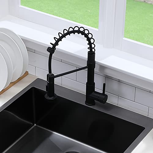 Shaco Matte Black Kitchen Faucet With Pull Down Sprayer, Modern Stainless Steel Single Handle Spring Kitchen Faucets For Farmhouse Outdoor Rv Camper Laundry Prep Wet Bar Sink 1 Hole #TOP5