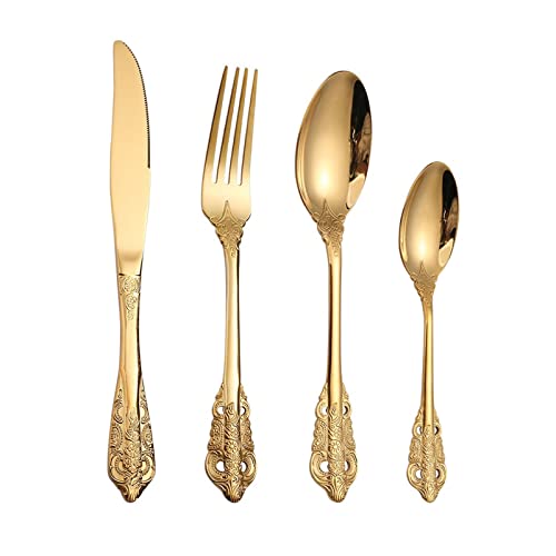 Dinner Spoon 4 Pieces 410 Stainless Steel Spoon Western Food Tableware Set Steak Knife Fork Dessert Spoon Long-Handled Spoon (Color : 1) (Brass)
