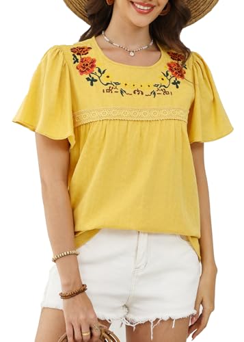 Womens Summer Cotton Floral Embroidered Tops Crewneck Short Sleeve Shirts Casual Blouses Boho Clothing Trendy 20252