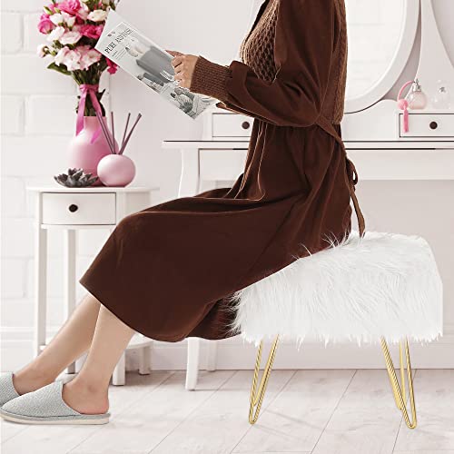 Awescuti Vanity Stool Faux Fur Ottoman Cute Rectangle Faux Fur Chair With Storage, Fuzzy Bench Fluffy Footrest, For Girls Up To 330 Lbs, For Makeup Room Bedroom, With Metal Legs, White #TOP2