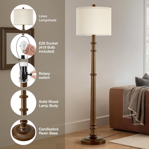 Image of Floor Lamps for Living Room - 60 inch Farmhouse Floor Lamp with Adjustable Color Temperatures - Vintage Standing Lamp Reading Light with Linen Shade Rustic Tall Lamp for Bedroom Office, Wood , Walnut