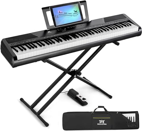 MUSTAR E Piano Digital Piano 88 Tasten mit Stand Touch Empfindlichkeit, Electric Piano Tragbares 88 Key Semi Gewichtete Tastatur Klavier für Anfänger, 2x25W Stereo Lautsprecher, Tragetasche, Schwarz