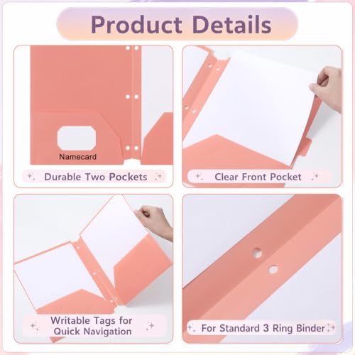 12 Pack Plastic Folders with Pockets 3 Hole Punched 3 Ring Binder 1/3 Cut Tabs 3-Hole Punched Pocket Folders Letter Size for School Office Classroom Teacher Student Staff Document Supplies(Vintage) - Image 3