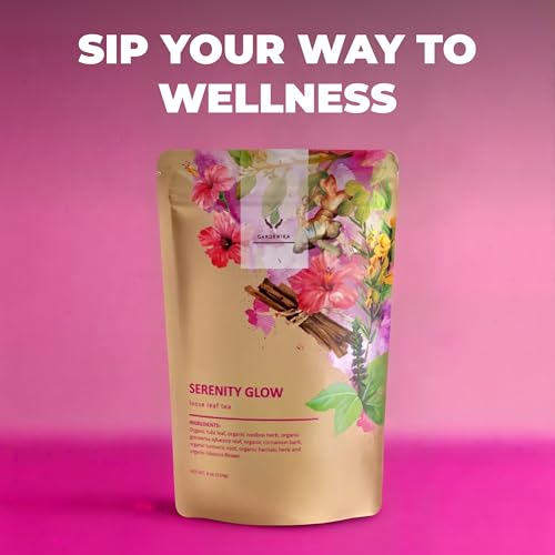Gardenika Organic Serenity Glow Loose Leaf Tea, Herbal, Caffeine-Free, KSA Kosher, Ayurvedic Wellness Blend with Tulsi, Rooibos, Turmeric, Hibiscus – 4 oz (1 Pack)