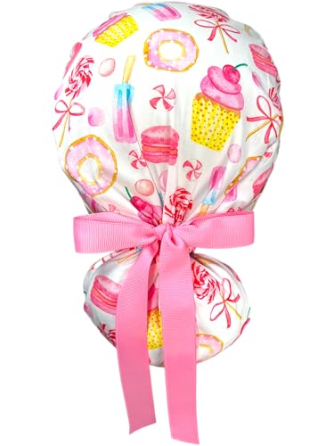 Image of Scrub Cap for Women and Men, Ponytail Scrub Caps, Working Hat, Head Cover with Ribbon Ties and Buttons, Long Hair