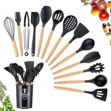 Silicone Cooking Utensil Set | 12-Piece Kitchen Tools with Wooden Handles | Heat-Resistant & Non-Toxic Utensils | Ideal for Nonstick Cookware (Black)