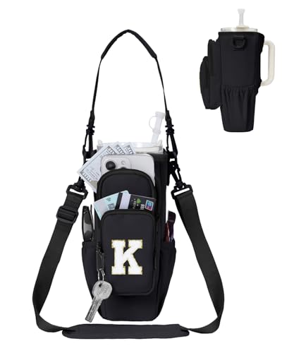 sportsnew Birthday Gifts for Women Personalized Initial Water Bottle Holder with Strap fits Most 40oz Tumbler with Handle Water Bottle Carrier Bag with Phone Pocket & Straw Topper Tumbler Accessories