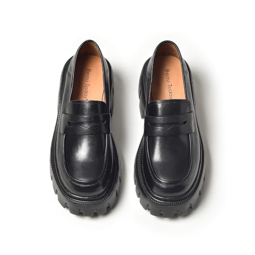 Image of BEAU TODAY Chunky Loafers Women,Platform Loafers for Women,Lug Sole Slip On Leather Classic Penny Shoes,Comfortable Office Work Business Casual Dress Shoes