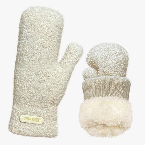 Fäustlinge Damen, Handschuhe Damen Winter Fleece Winterhandschuhe, Flauschige Warme Arktischer Samt Fausthandschuhe Handschuhe,Skihandschuhe Thermohandschuhe Draußen Geschenke für Frauen (Beige)